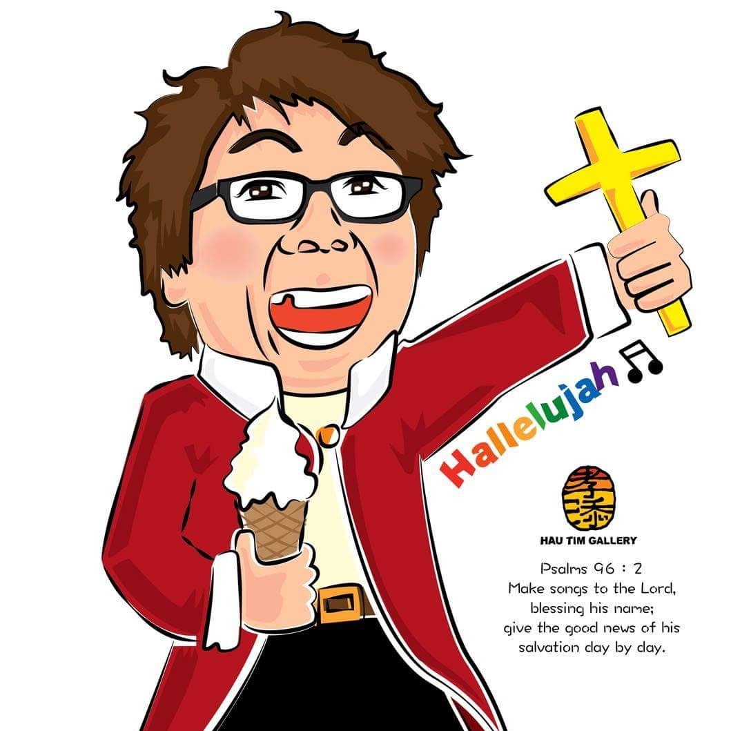 志光的 Hallelujah 卡通肖像，署名 HAU TIM GALLERY